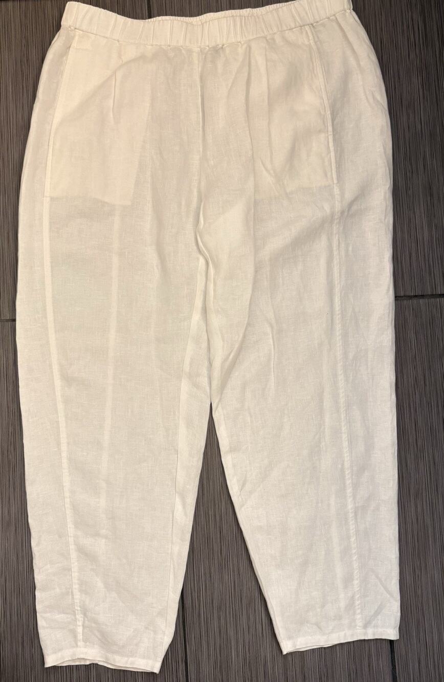 Eileen Fisher Organic Linen Wide Leg Pull On Pants Sz Large White Beach Coastal